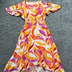 Abel The Label Colorful High Low Dress Flutter Sleeve Ruffle Trim Flowy Sz Large